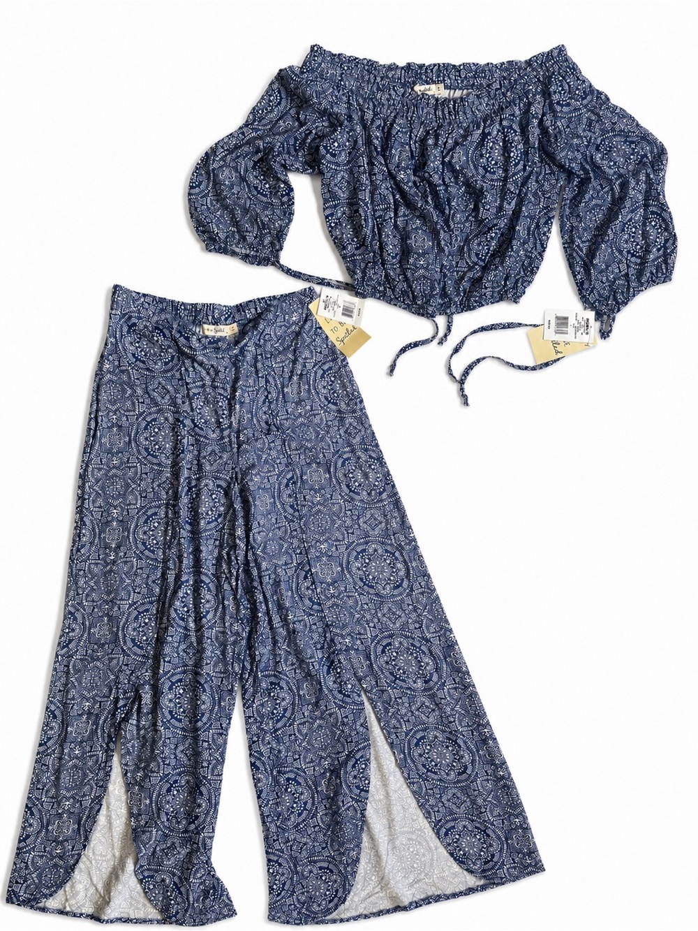 Wide Leg Printed Two-Piece Set — Blue